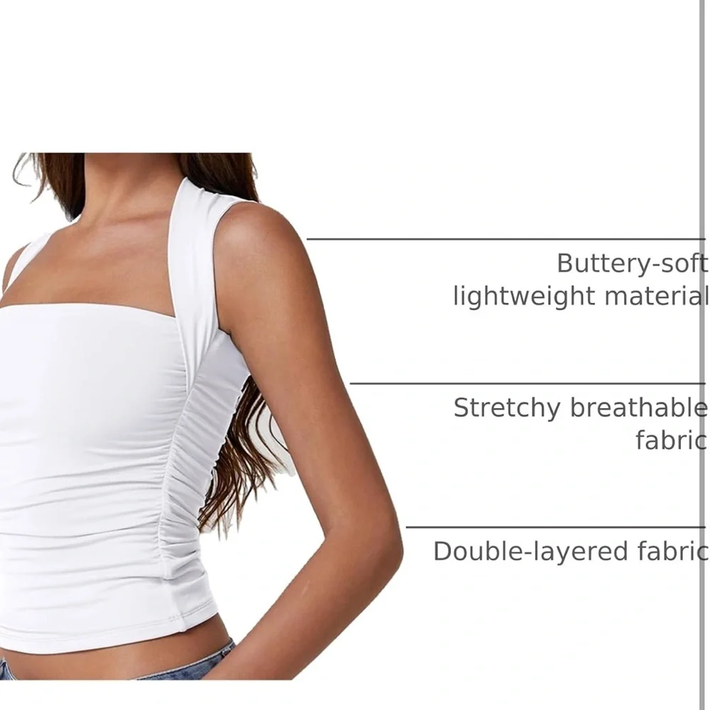 Women Square Neck Tank Tops Side Ruched Double Lined Slim Fit Summer Crop Top XL - Picture 3 of 4